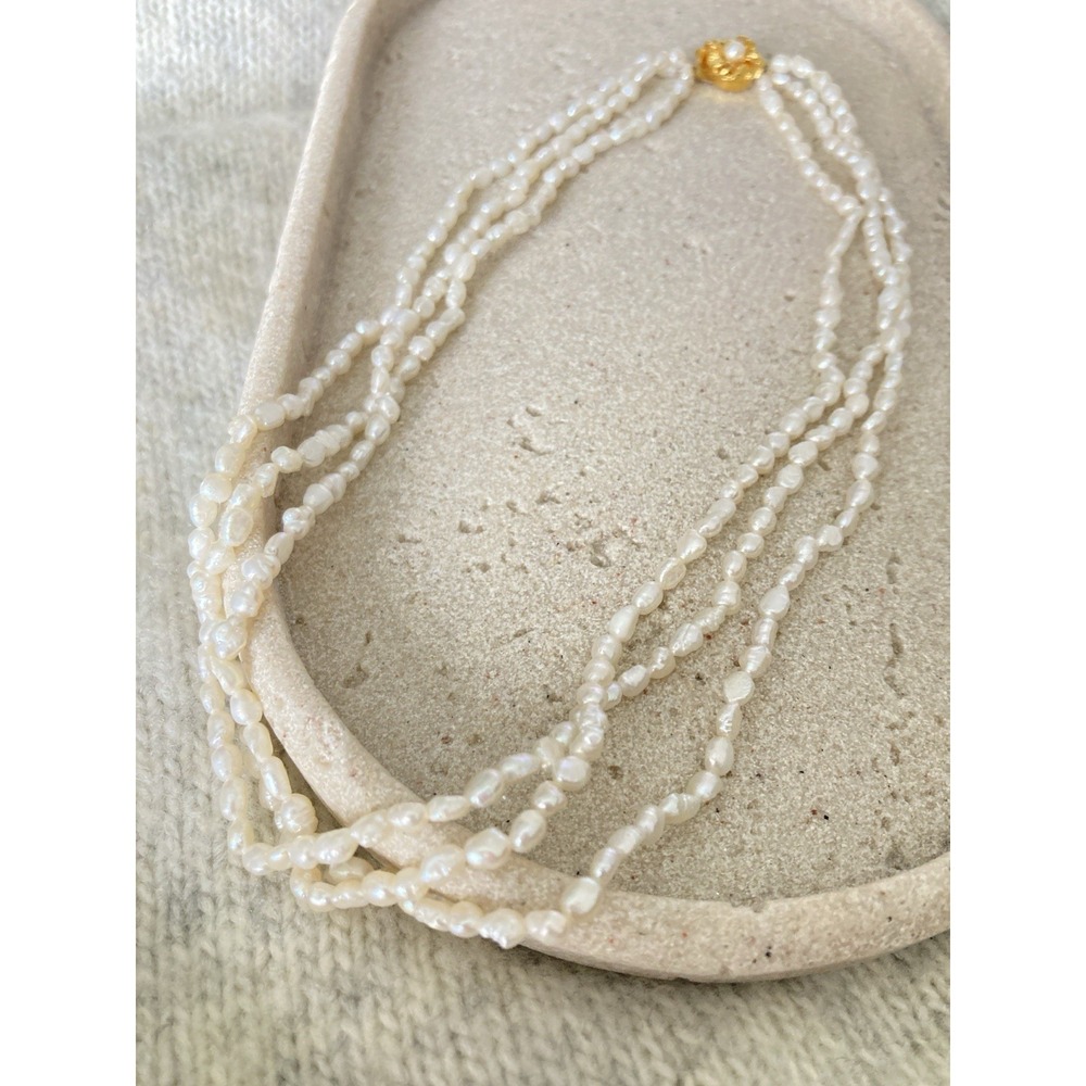 Multi Strand Freshwater Faux Pearl Necklace Gold Tone Floral Clasp Ivory Collar